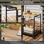 Desserte de jardin chariot pour plancha barbecue en bois et métal avec poignée 2 plateaux 2 paniers et porte-bouteilles