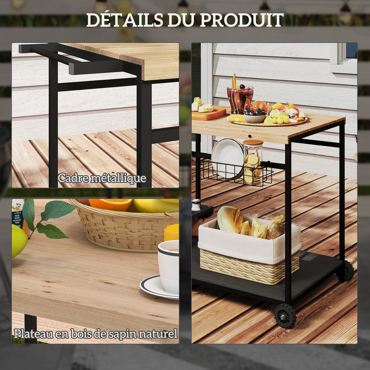 Desserte de jardin chariot pour plancha barbecue en bois et métal avec poignée 2 plateaux 2 paniers et porte-bouteilles