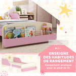 Lit enfant 70 x 140 cm, lit pour enfant avec barriere de securite et sommier à lattes, espace de rangement, rose