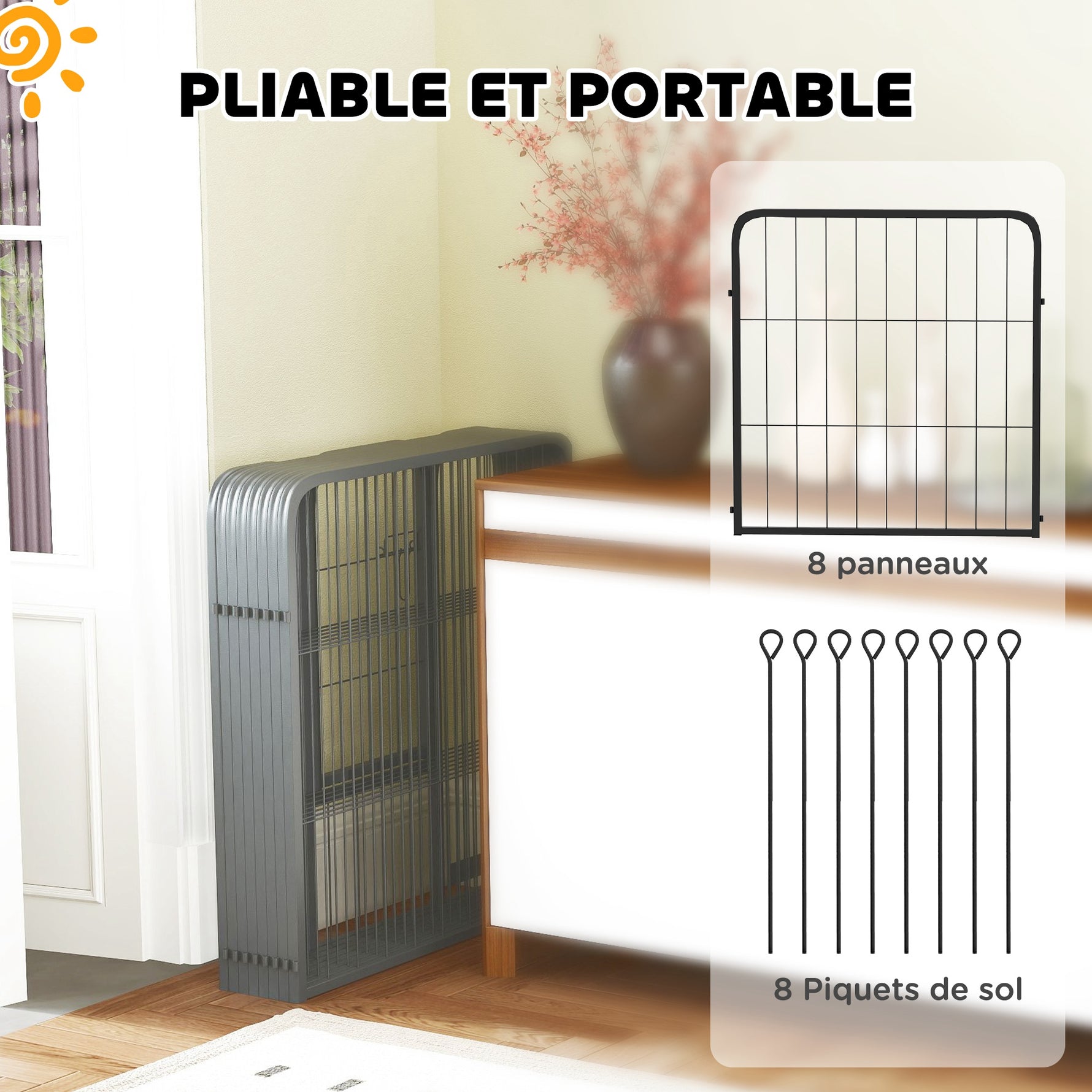 Parc pour chien enclos chien 8 panneaux modulable et pliable acier avec porte pour chiot intérieur extérieur 60 cm noir