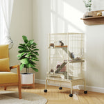 Cage pour lapin enclos à 4 niveaux avec 2 portes 3 rampes plateau profond roulettes 69 x 44 x 120 cm beige