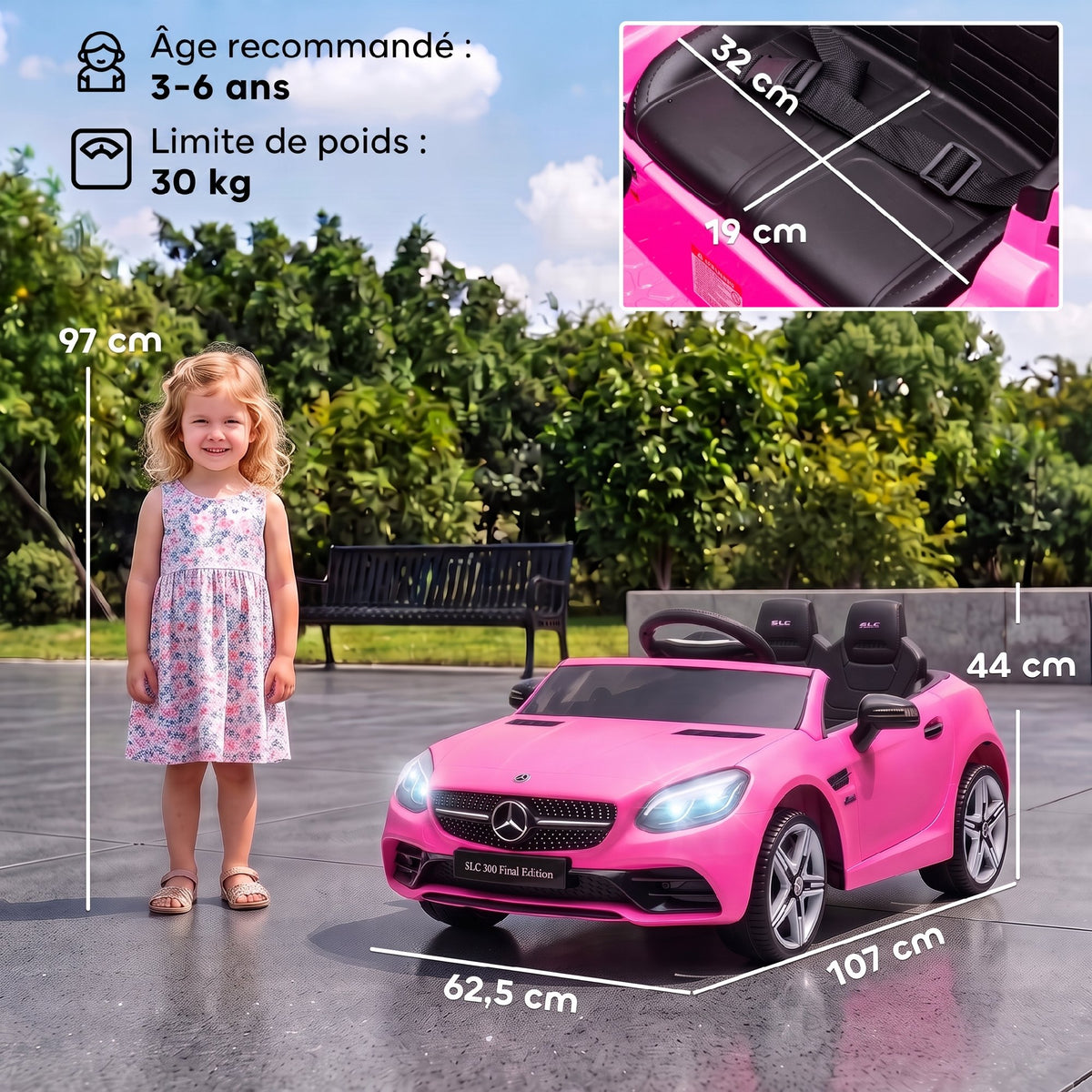 Voiture électrique enfants licence Mercedes SLC 300 12V V. Max. 5 Km/h effets sonores lumineux télécommande rose