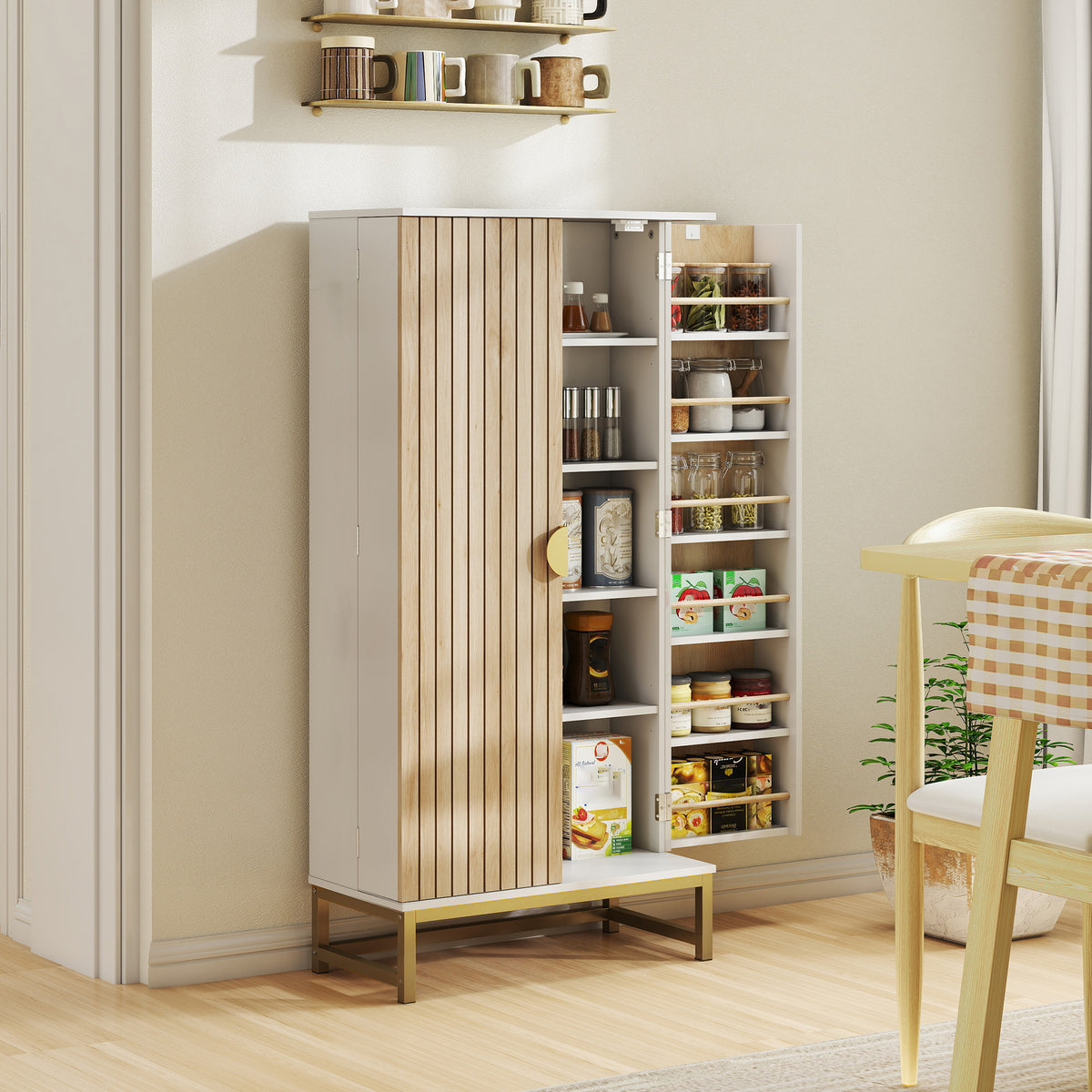 Armoire de cuisine meuble cuisine rangement avec 12 étagères à portes, étagères ajustables, 58x29x119,5cm, blanc