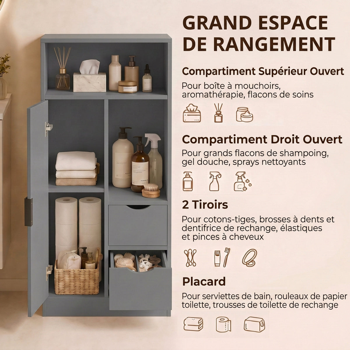 Mobiletto da bagno, mobile contenitore stretto con 2 cassetti, scomparti a giorno, 50x25x100 cm, grigio