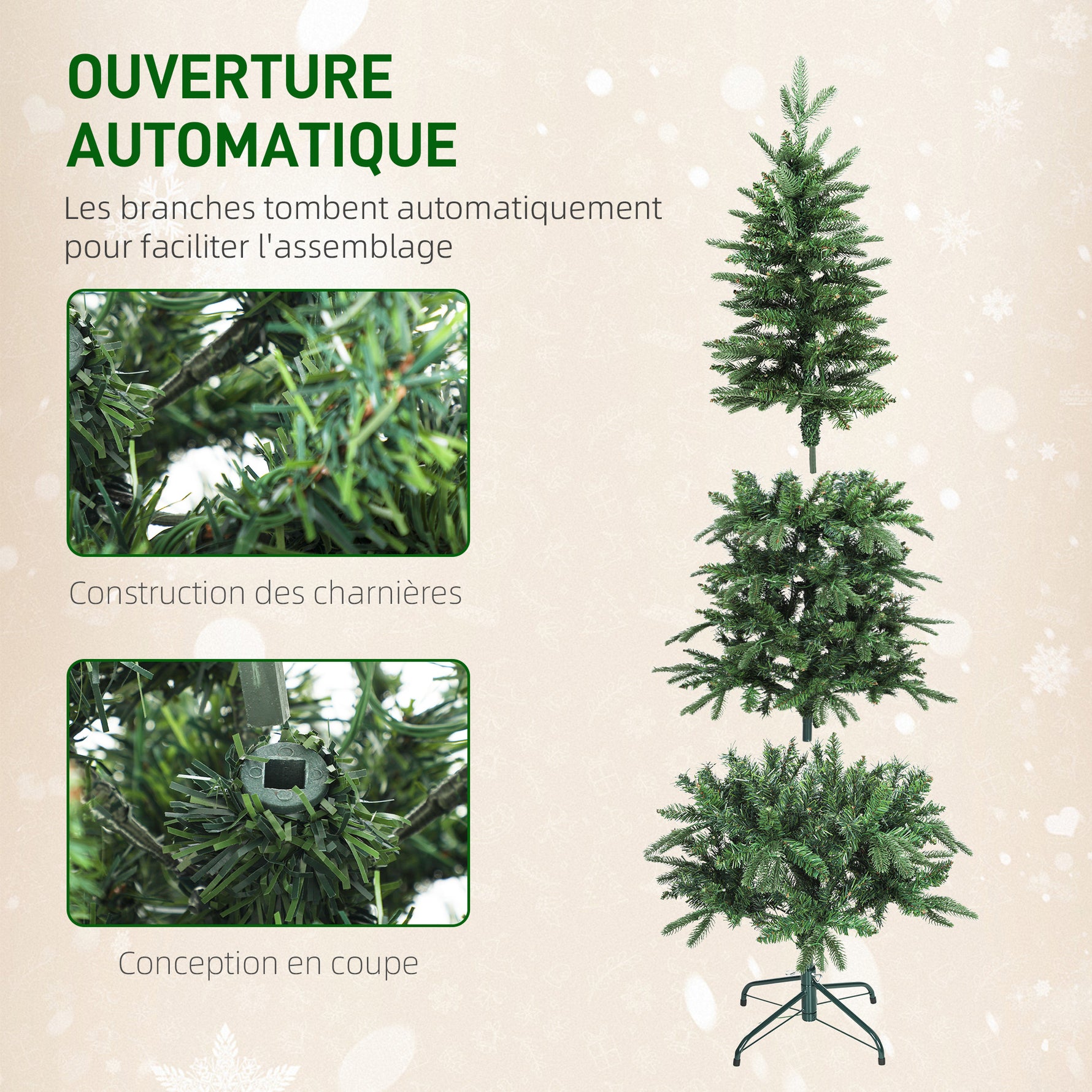 Sapin de Noël artificiel 150 cm, arbre de Noël slim avec 150 lumières 8 modes d'éclairage 431 branches articulées, vert