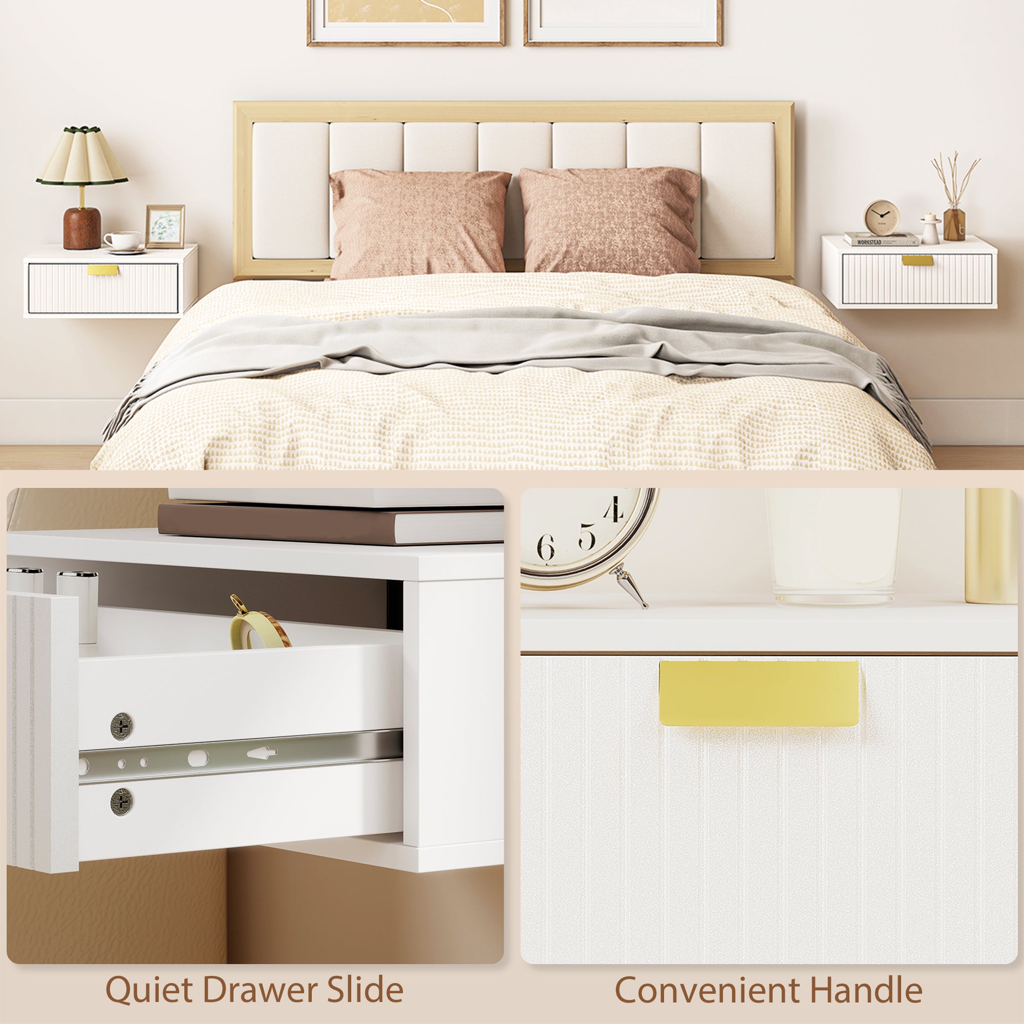 Set di 2 comodini a parete, tavolini da notte sospesi con cassetto ondulato, 40 x 30 x 15 cm, bianco