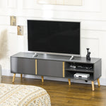 Mueble de TV escandinavo para televisores de hasta 55 pulgadas, 2 puertas, 2 nichos con pasacables, 150 x 35 x 45 cm, gris oscuro