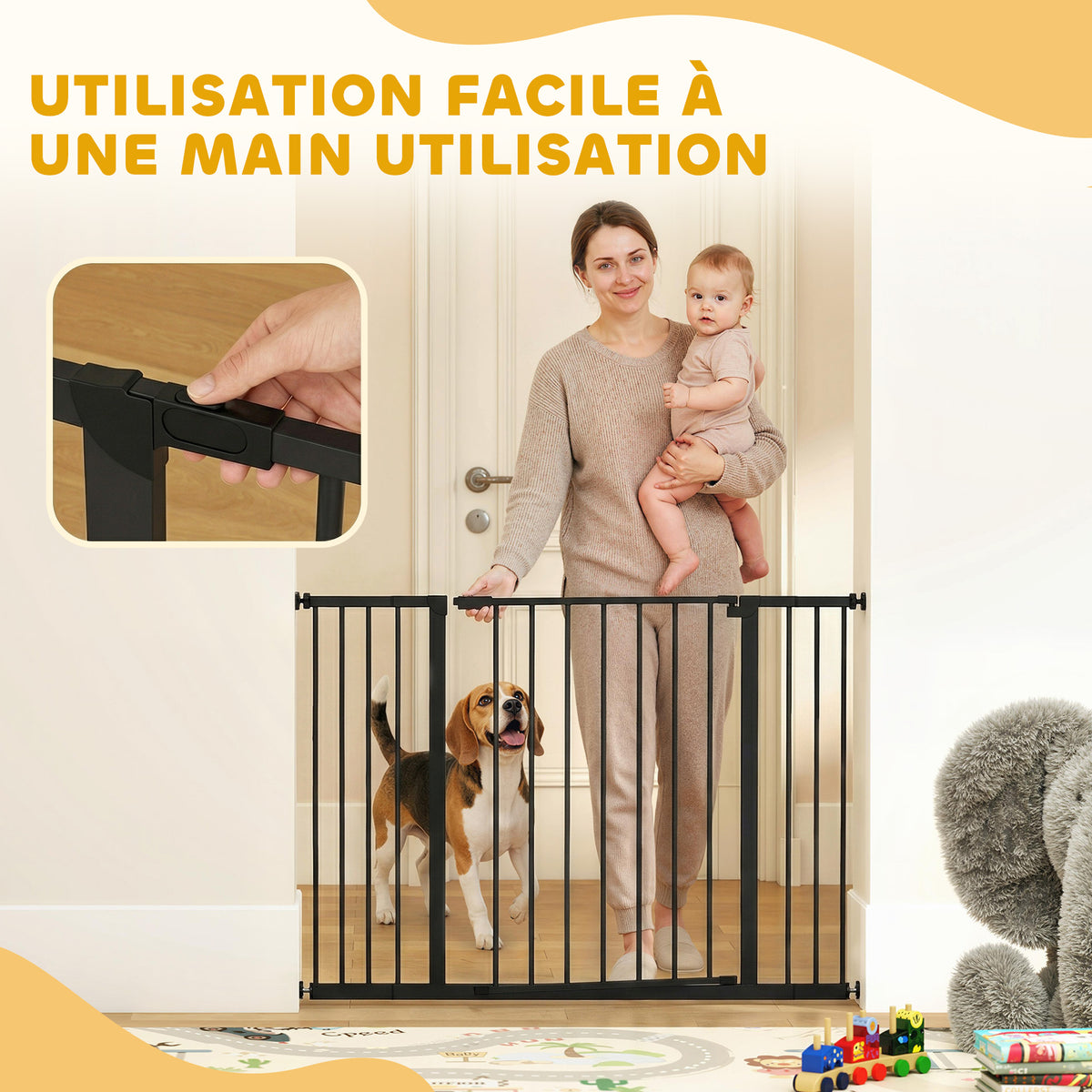 Barrière de Sécurité Chien Réglable 76-107 cm, avec 2 Rallonges (10/15 cm), Ouverture d'une Main, sans Perçage, Noir