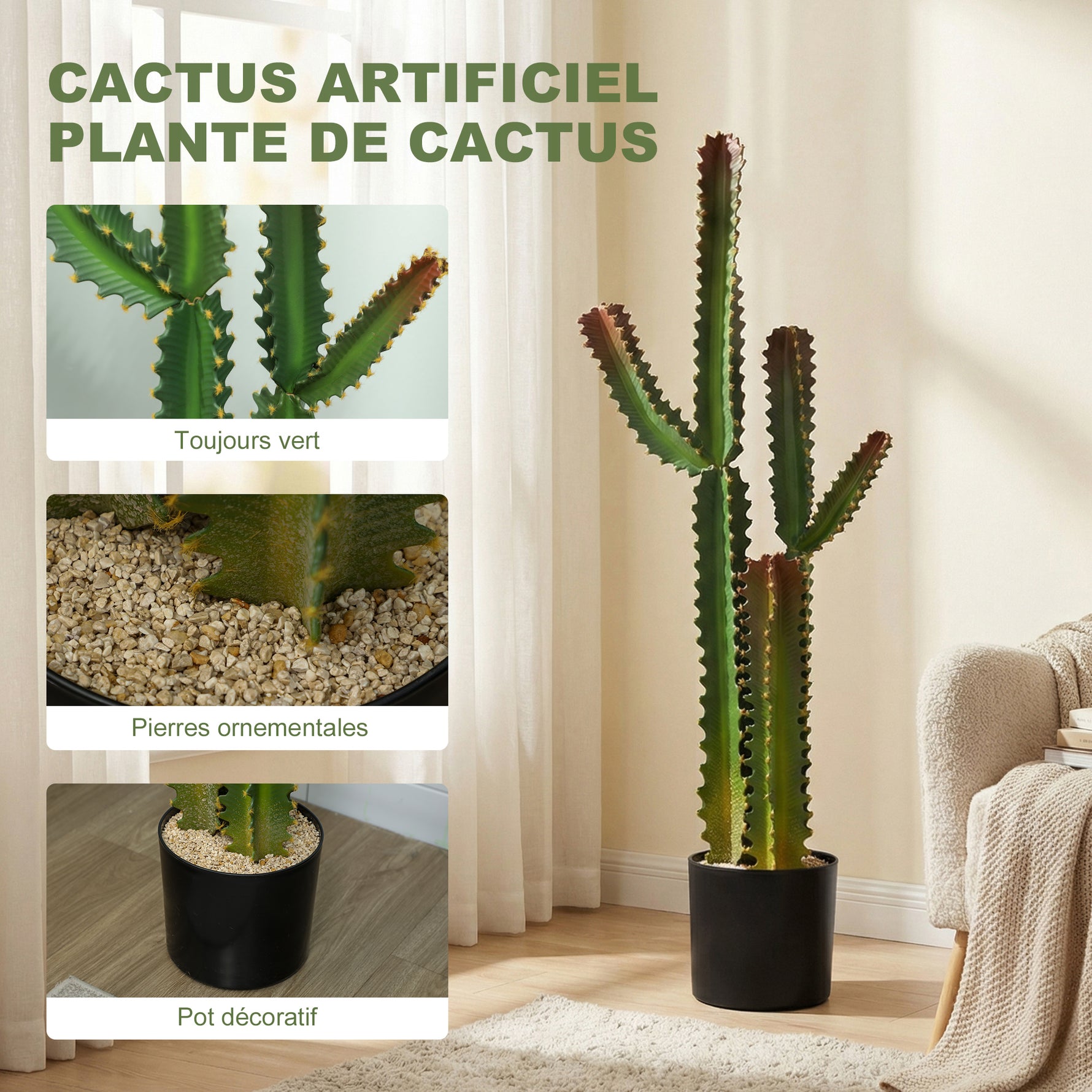 Plante artificielle intérieure 111 cm, arbre artificiel cactus en pot, pour maison, bureau, salon, chambre, vert