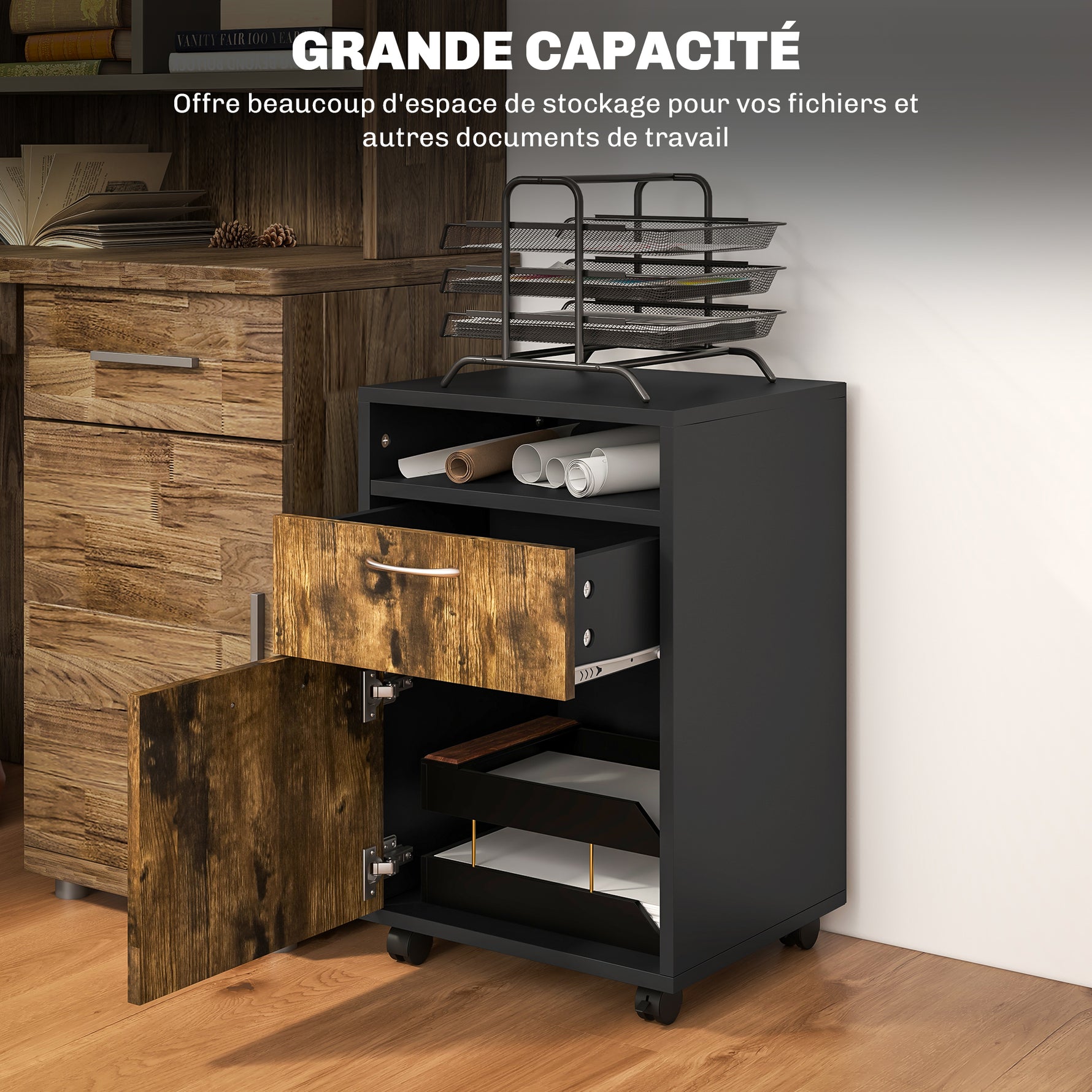 Caisson de bureau à roulettes avec tiroir placard niche pour documents et dossier suspendu 40 x 35 x 60 cm brun rustique