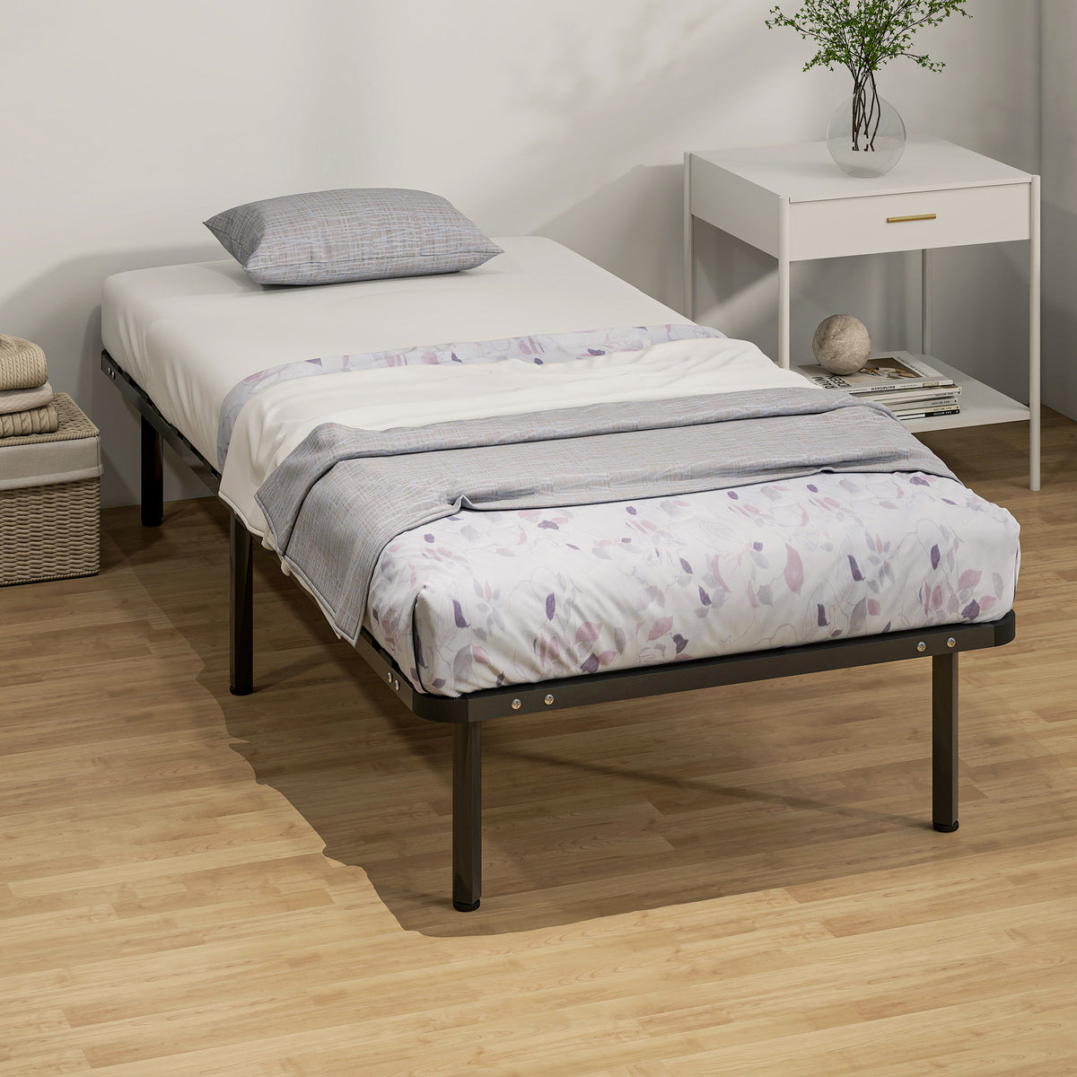 Struttura letto 90 x 190 cm, letto singolo con rete a doghe in legno massello e testiera, con vano contenitore sottostante, nero
