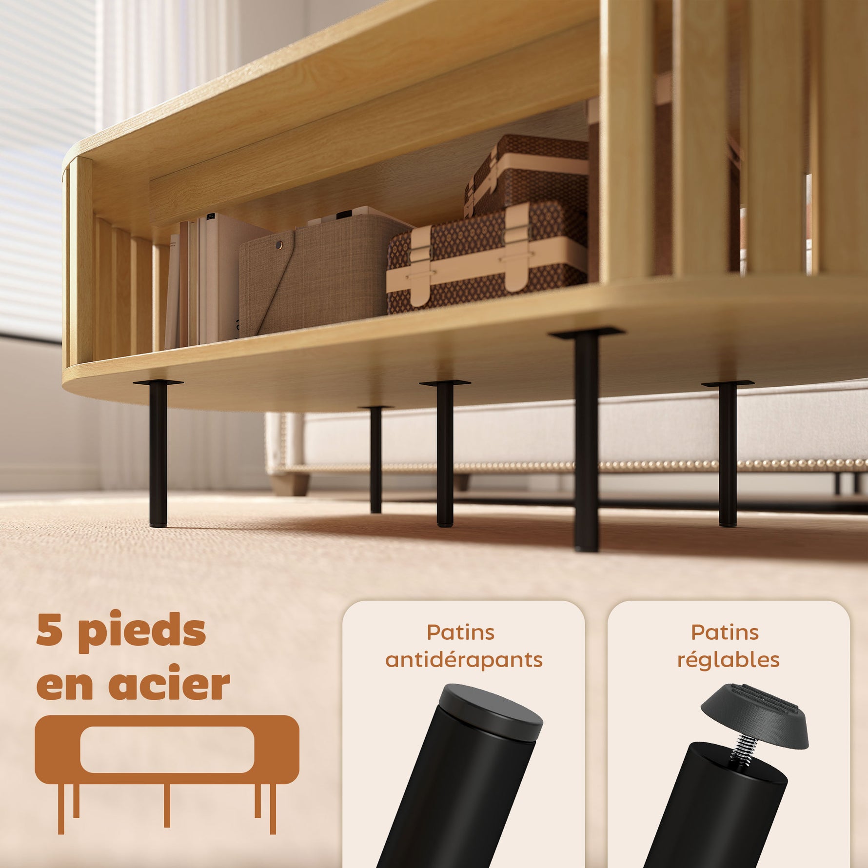 Table basse ovale, table de salon avec rangement, coins arrondis, design lattes, 100 x 50 x 40 cm, effet bois naturel