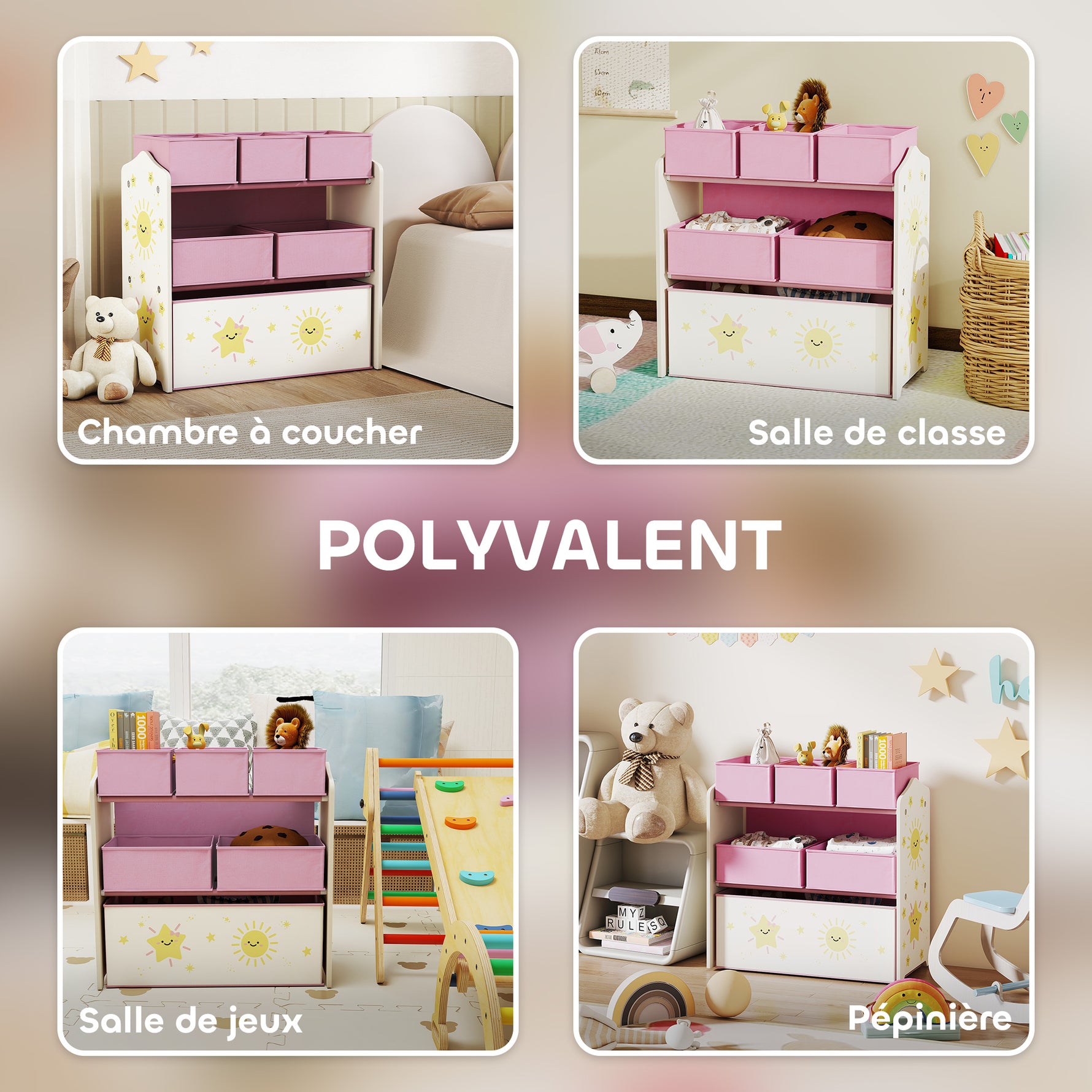 Meuble rangement enfant à 3 niveaux, étagère de rangement pour jouets enfants avec 6 boîtes en tissu amovibles, rose