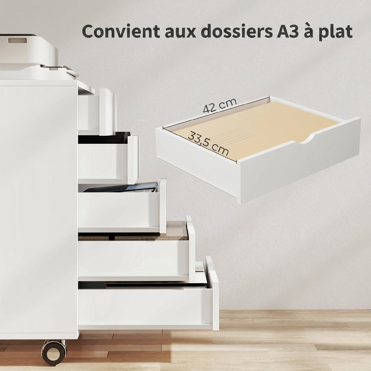 Caisson bureau mobile avec 5 tiroirs, meuble rangement bureau à roulettes pour documents A3/Lettre/A4, blanc