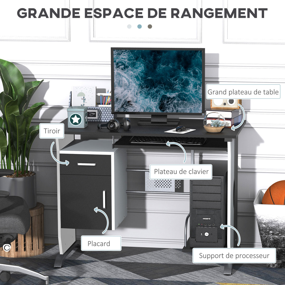 Bureau informatique design en mdf 100 L x 52 I x 75H cm noir et blanc