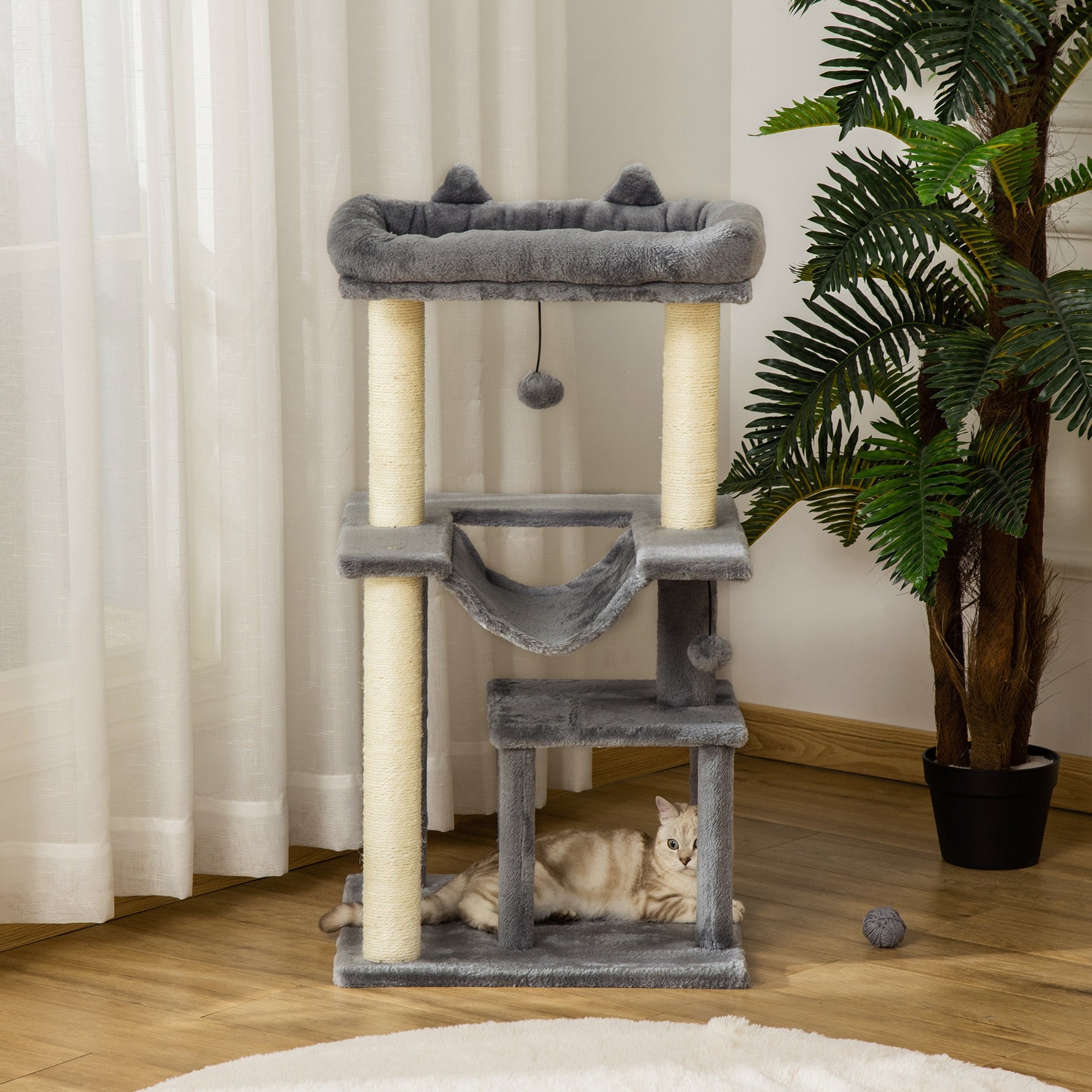 Arbre à chat avec griffoir, en tissu peluche, tour de jeux pour chat, lit, niche, hamac, plateforme 48 x 48 x 90 cm gris