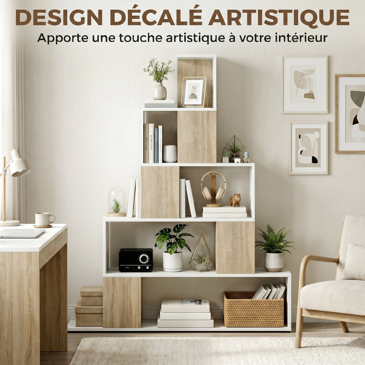 Étagère de rangement, bibliothèque géométrique à 5 niveaux, pour bureau, salon, chambre, blanc et bois naturel