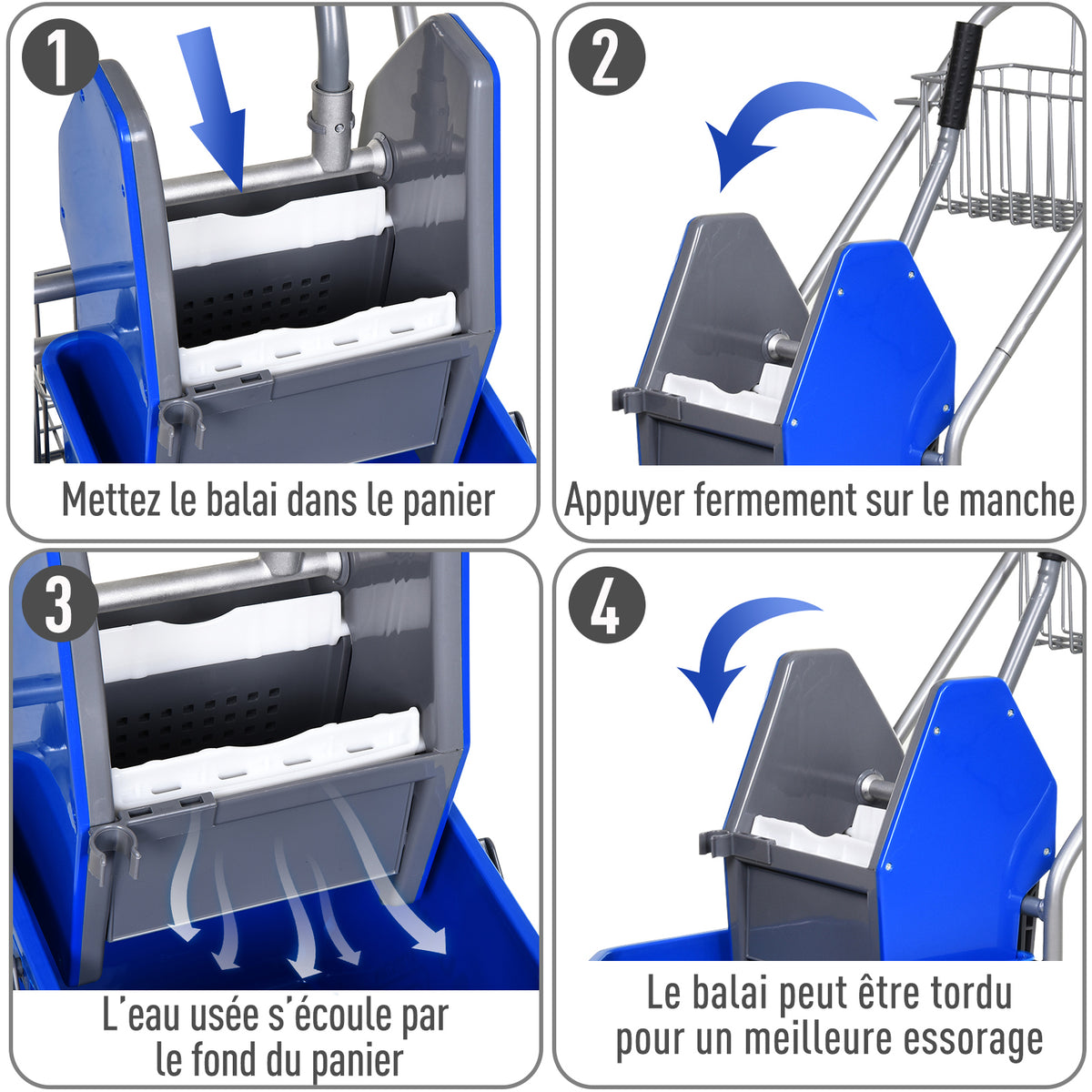Carrello per pulizie carrello lavaggio carrello di pulizia professionale pressa a ganascia secchio 26 L + cestello portaoggetti dim. 73L x 45P x 95A cm blu