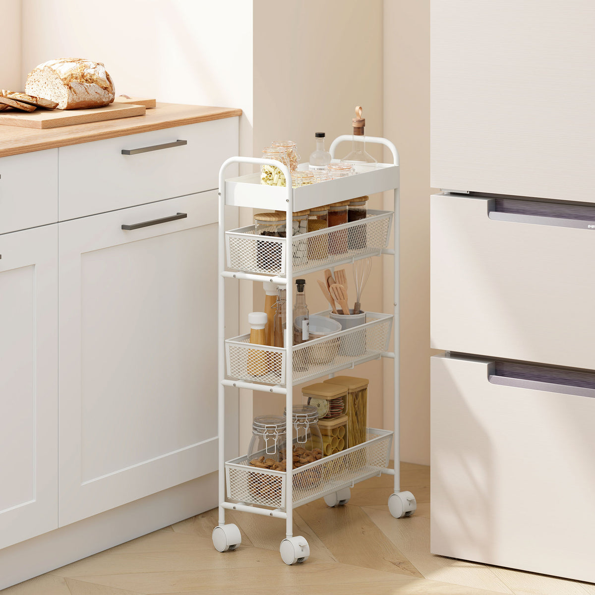 Chariot de rangement à 4 niveaux, desserte à roulettes, 3 paniers coulissants, panier supérieur 19 x 43,2 x 80 cm blanc-1