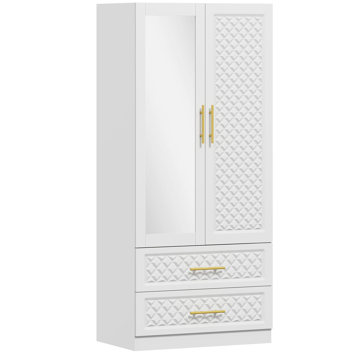 Armoire chambre penderie avec miroir, 2 tiroirs, 2 portes et barre de suspension, 80 x 50 x 180 cm, blanc