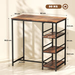 Mesa de bar alta con 3 estantes de almacenamiento y estructura de acero, 90 x 50 x 90,5 cm, marrón rústico, negro