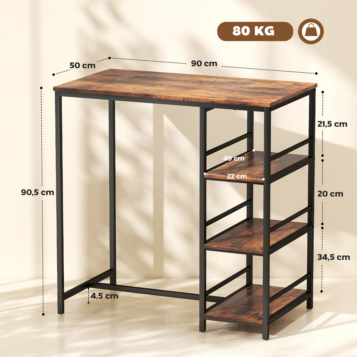 Mesa de bar alta con 3 estantes de almacenamiento y estructura de acero, 90 x 50 x 90,5 cm, marrón rústico, negro