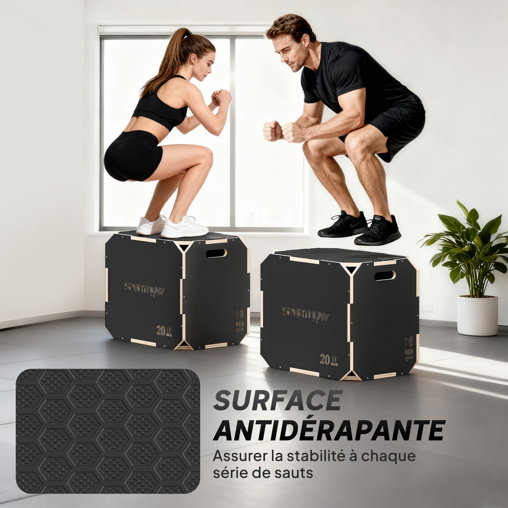 Boîte pliométrique 3 en 1 en bois pour entraînement au saut antidérapant et sans coins noir