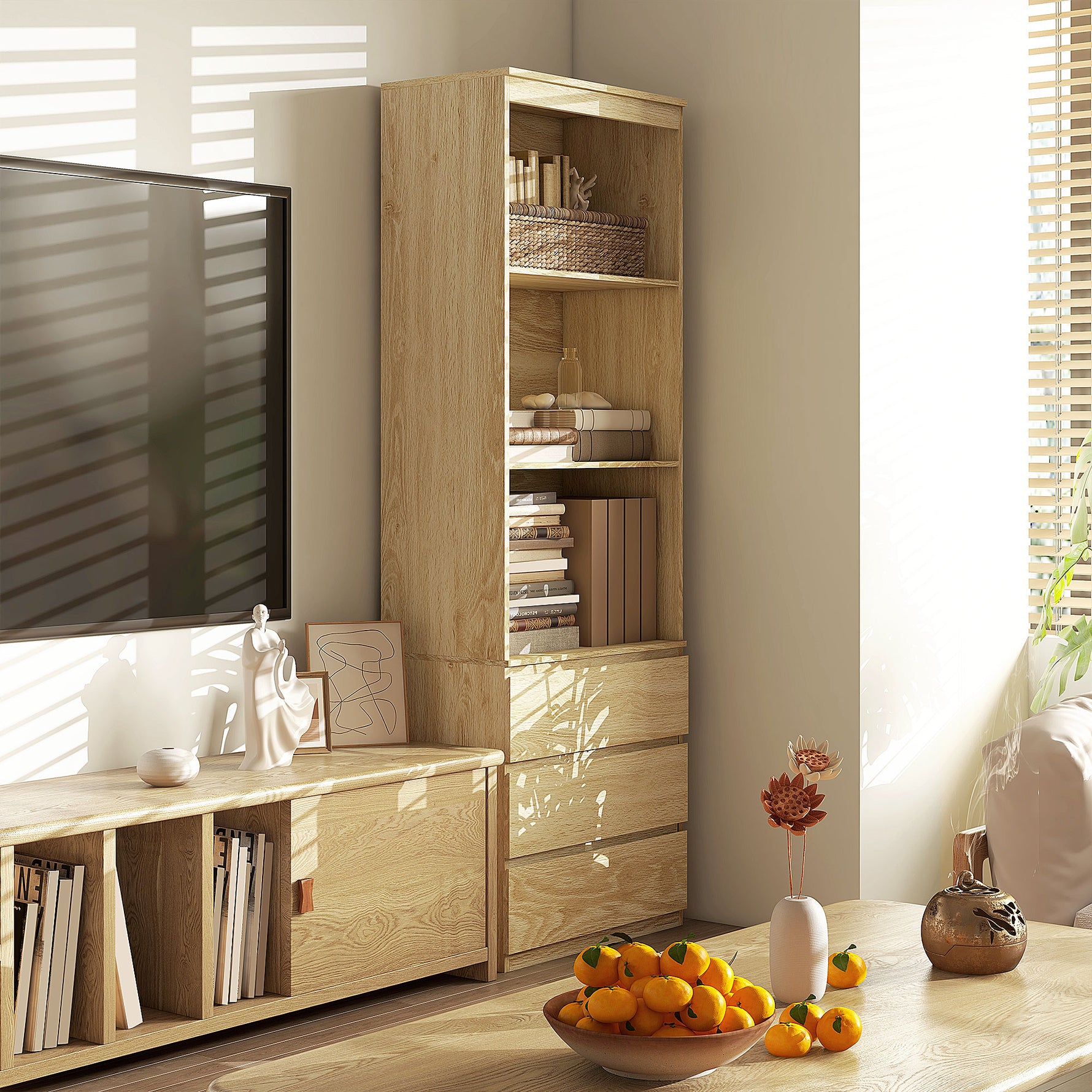 Bibliothèque haute de 180 cm avec 3 étagères et 3 tiroirs dim. 60L x 35l x 180H cm Panneaux Particules effet bois