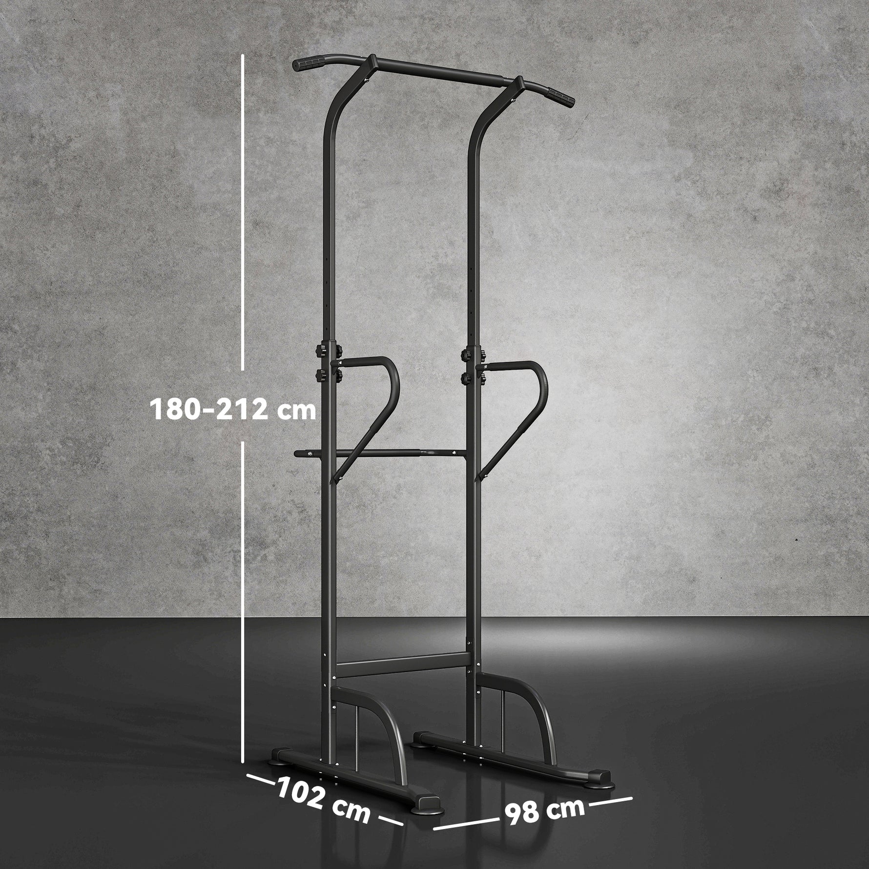 Power Tower Dip Station, Barre de traction, Barre de dips, Hauteur Réglable, Poignées en Forme U, 98x102x180-212cm, Noir