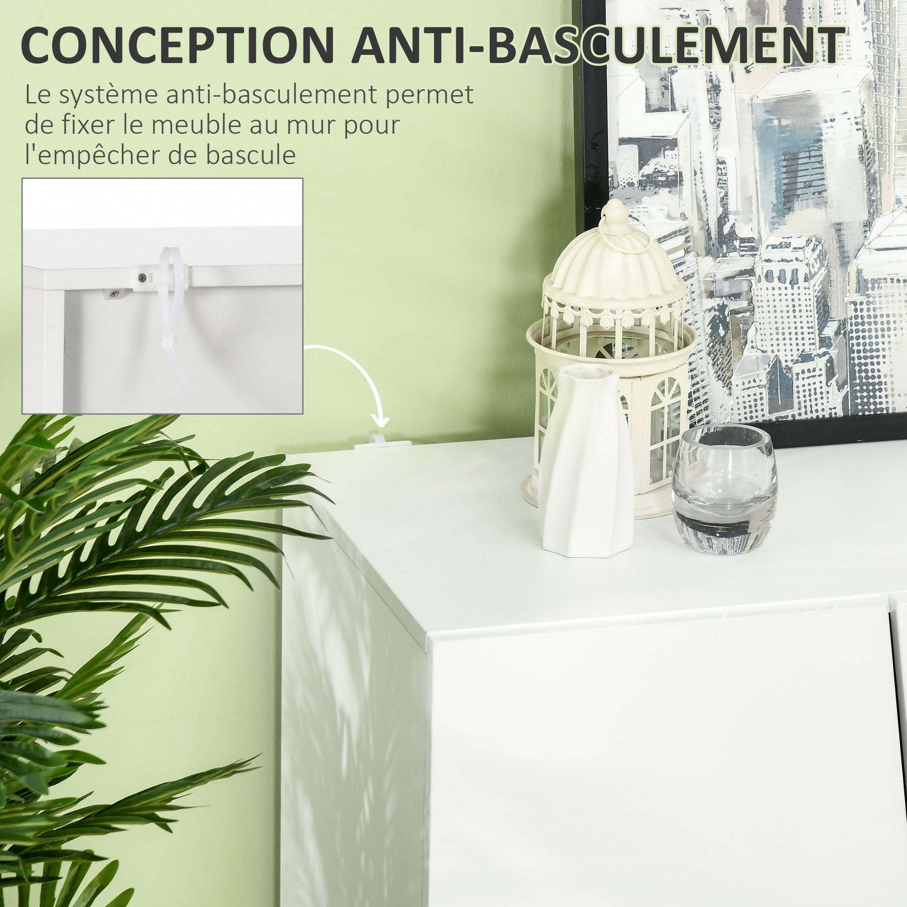 Meuble de rangement avec placards à portes et étagère réglable, 150 x 40 x 88 cm, blanc brillant