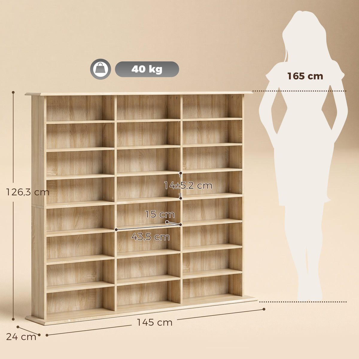 Meuble de rangement 1032 CDs / 594 DVDs, étagère multimédia, 24 compartiments et 18 étagères ajustables, chêne