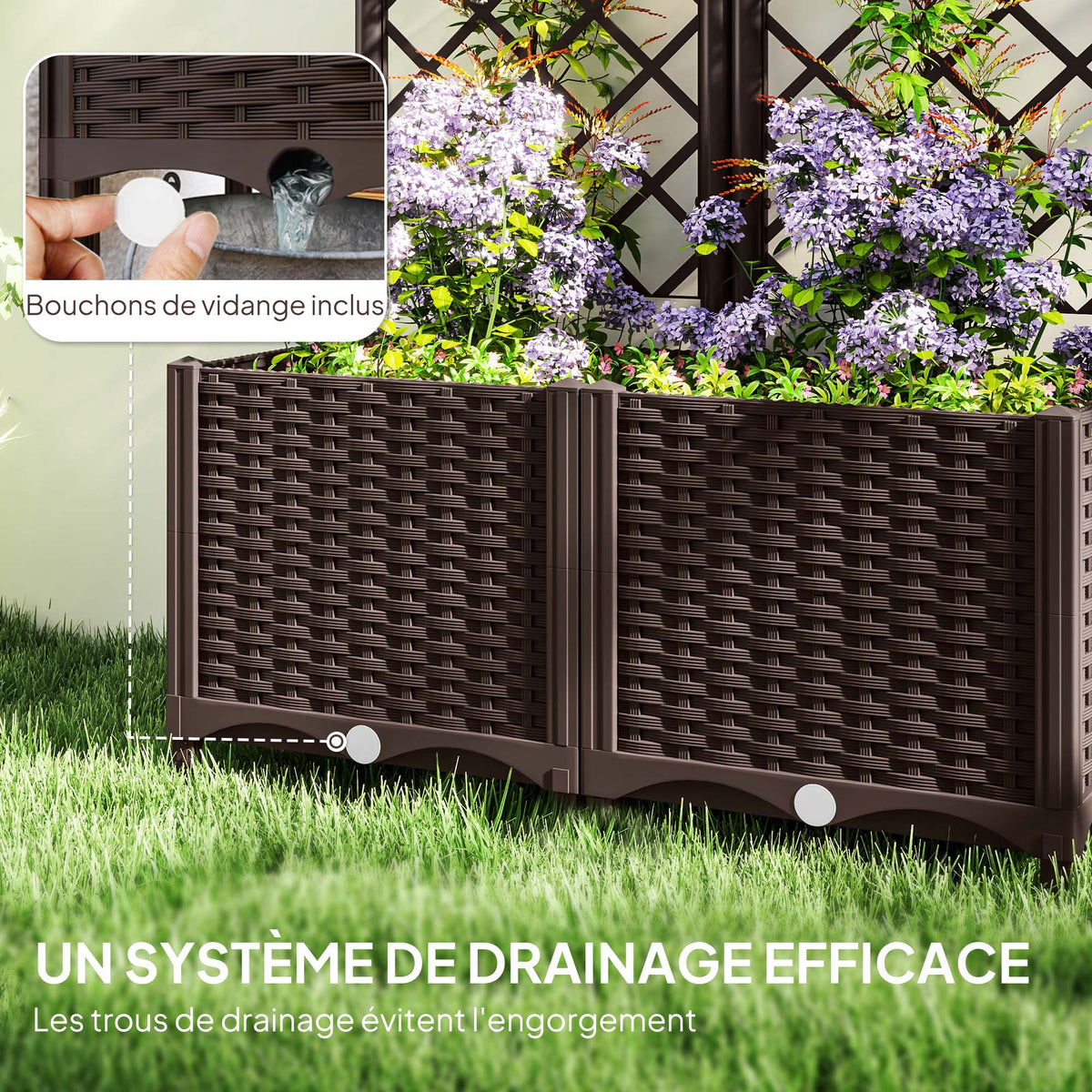 Jardinière avec treillis lit surélevé de jardin jardinière extérieure avec 6 trous de drainage 80 x 40 x 135 cm marron