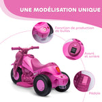 Moto électrique enfants 2-5 ans, 3 roues, 6 V, 3 km/h, avec fonction de bulles, effets lumineux et sonores, rose
