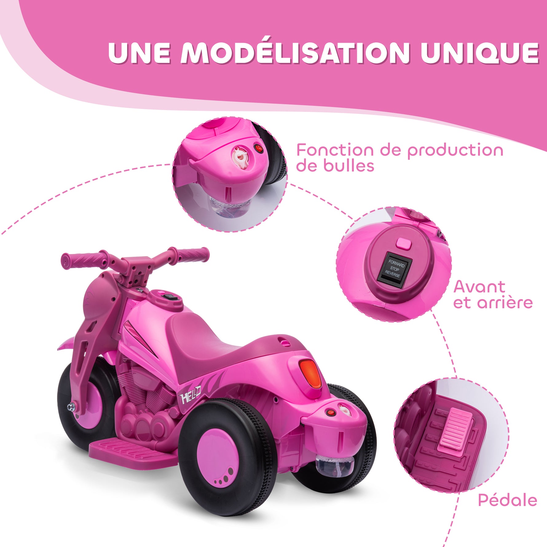 Moto électrique enfants 2-5 ans, 3 roues, 6 V, 3 km/h, avec fonction de bulles, effets lumineux et sonores, rose