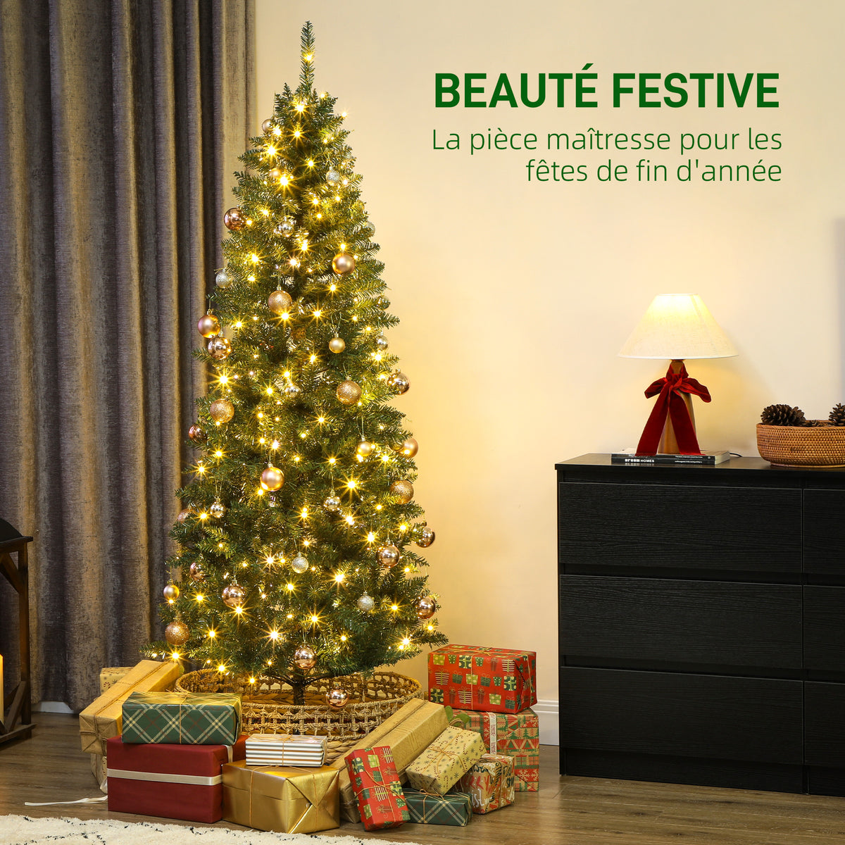 Sapin de Noël artificiel 180 cm, arbre de Noël fin avec 250 lumières, 899 pointes, support en métal pliable, vert