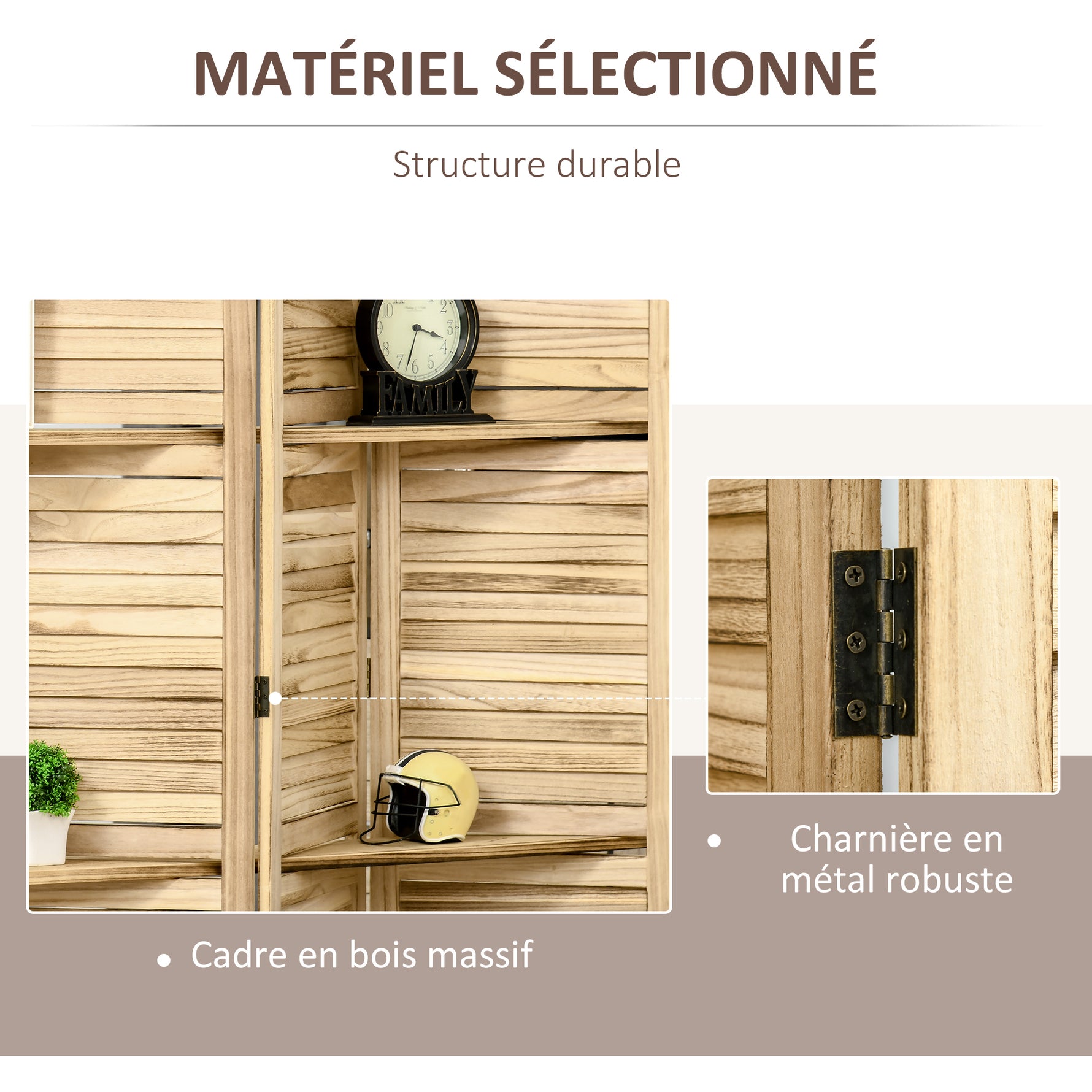 Paravent intérieur 4 panneaux 3 étagères pliables portes persiennes bois de paulownia aspect pin autoclave