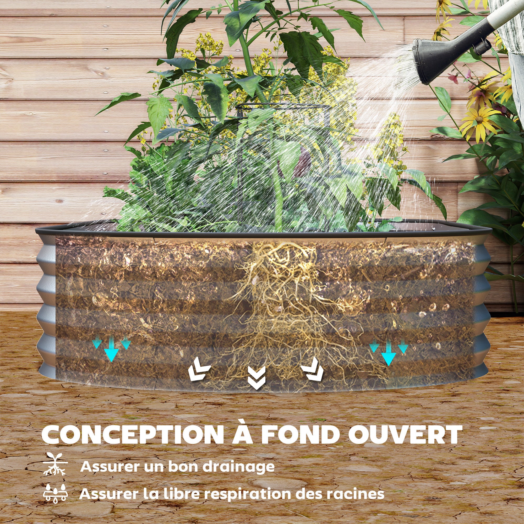 Verhoogde gegalvaniseerde stalen plantenbak tuinbed rubberen rand 181 x 93 x 30 cm zilver