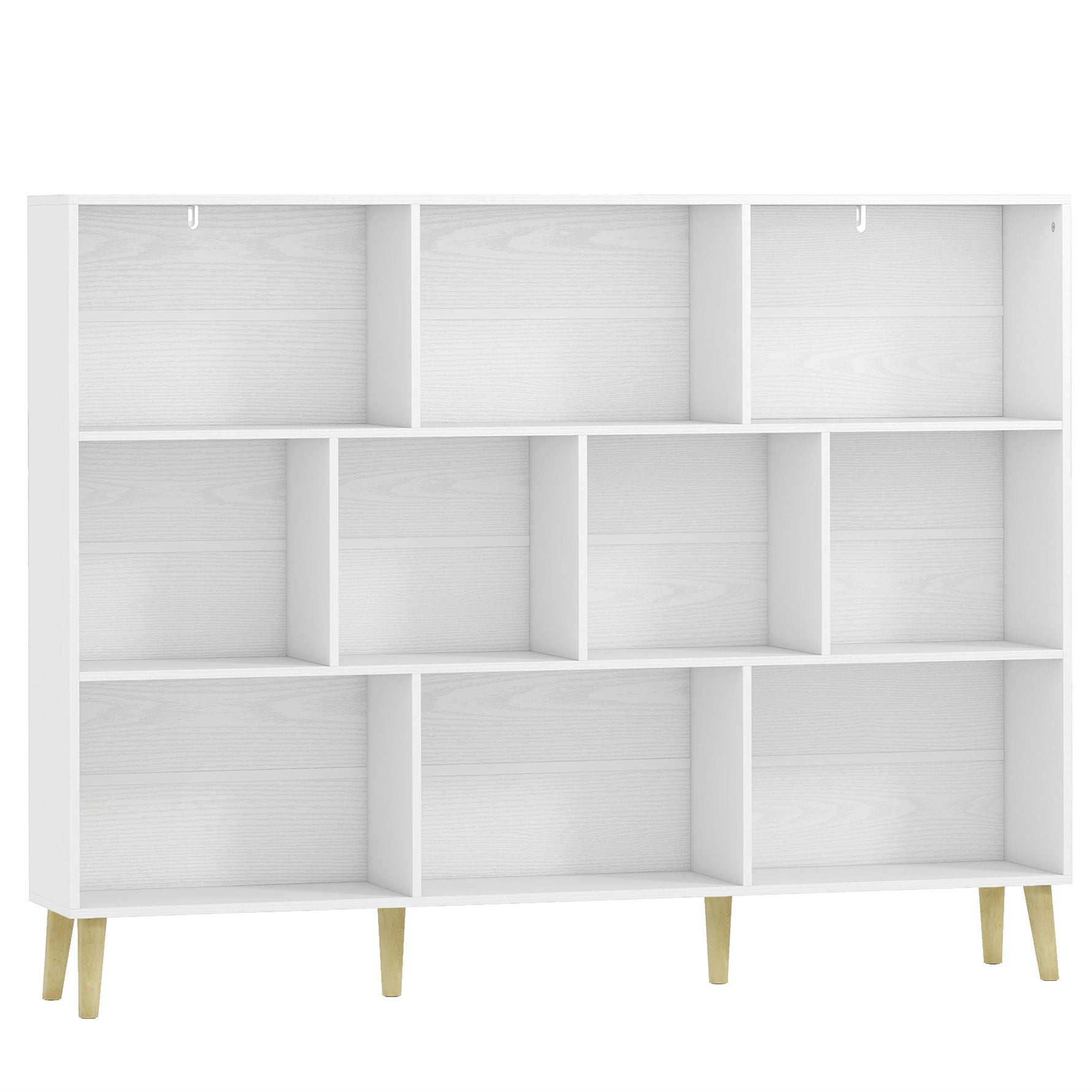 Bibliothèque à 3 Niveaux avec 10 Compartiments, Étagère de Rangement avec Pieds en Bois Massif, Effet Bois Blanc
