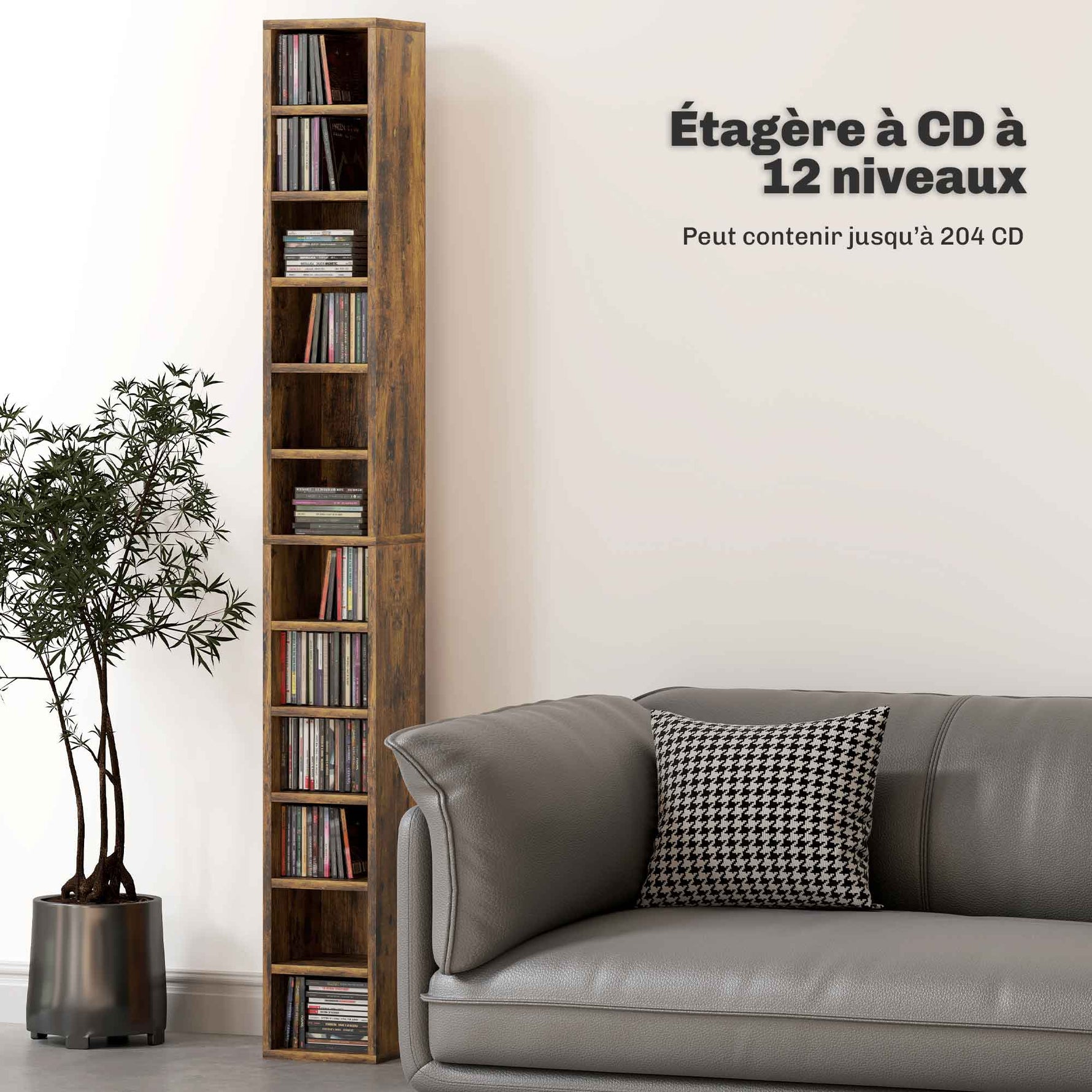 Rangements pour CD et DVD avec 12 compartiments, capacité max. 204 CD, 21 x 20 x 175 cm, brun rustique