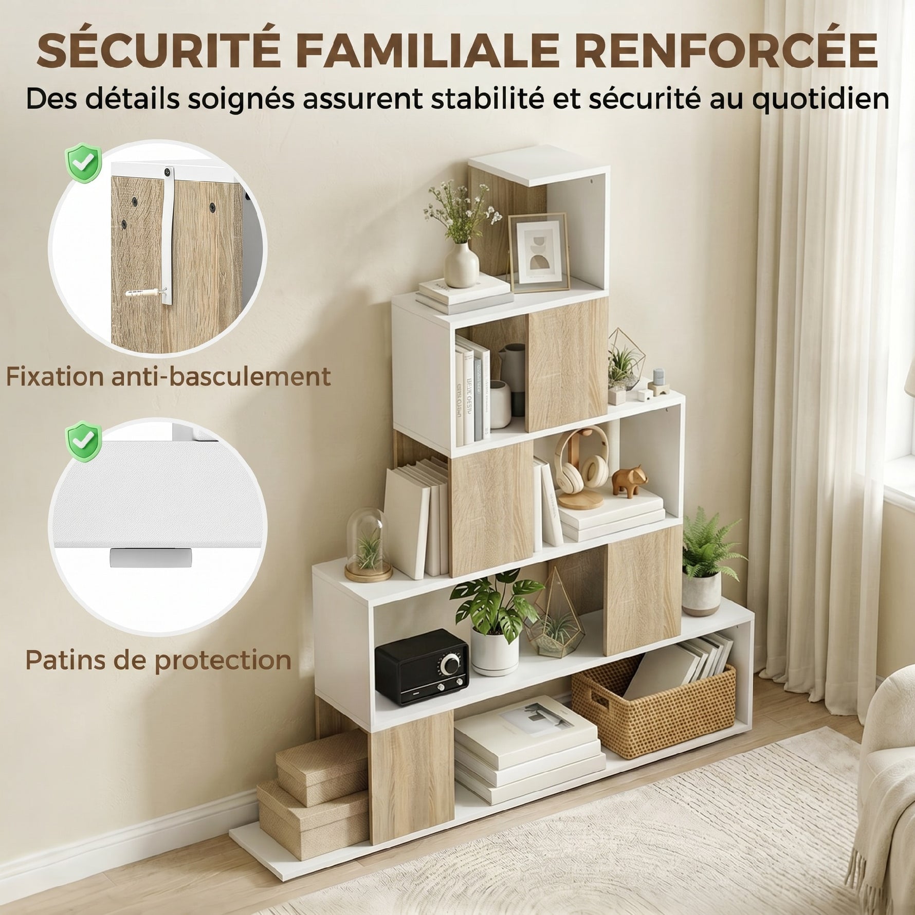 Étagère de rangement, bibliothèque géométrique à 5 niveaux, pour bureau, salon, chambre, blanc et bois naturel