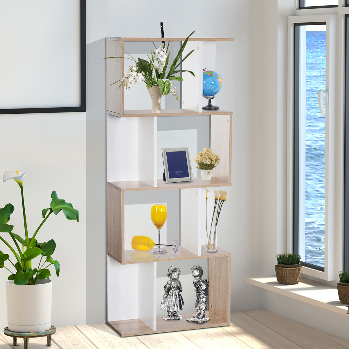 Bibliothèque à 4 niveaux, meuble de rangement en forme de S avec étagères, étagère de rangement pour salon, chambre bureau, 60 x 24 x 148 cm, bois naturel et blanc