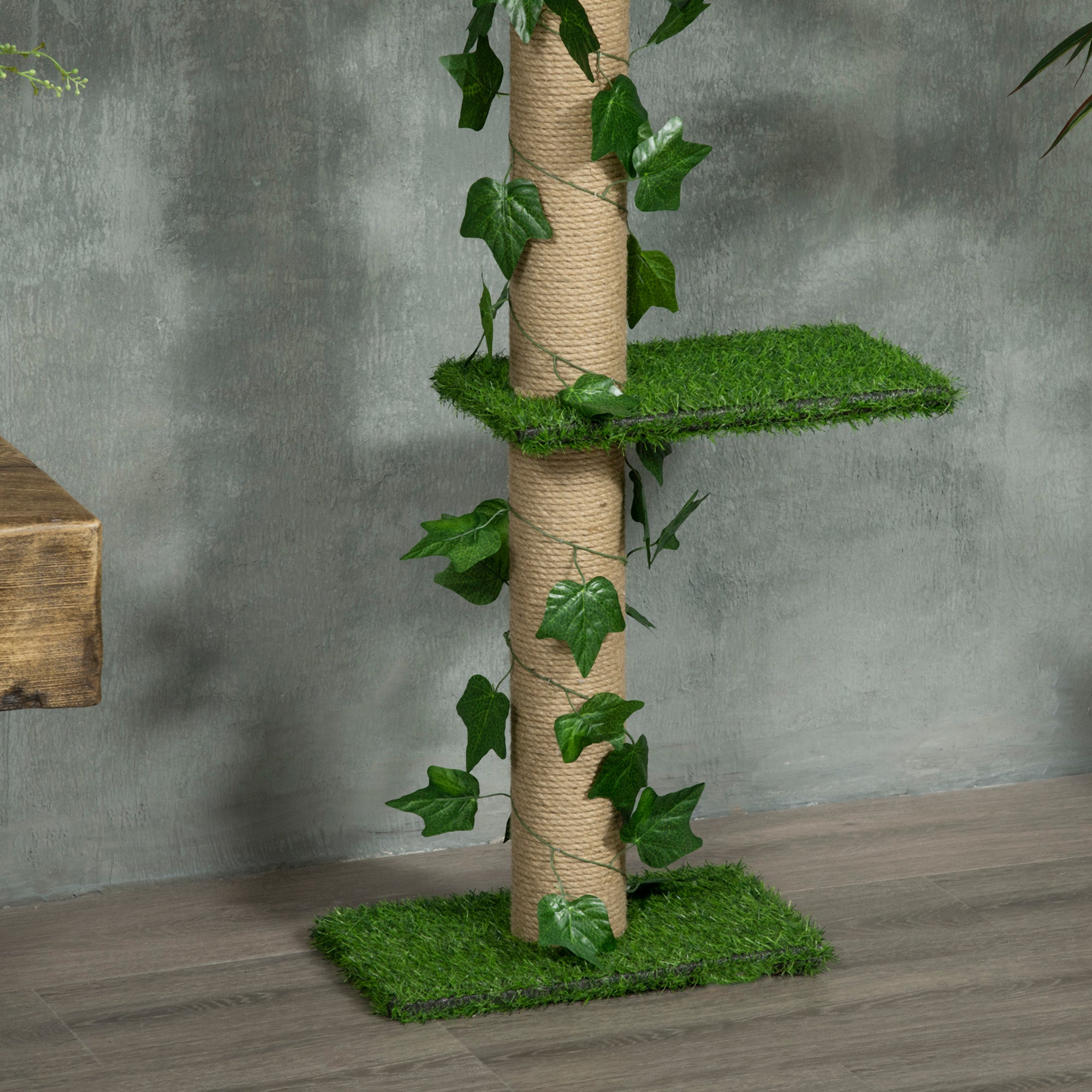Arbre à chat poteau à griffer fixation plafond hauteur réglable 37 x 21 x 202- 242 cm 4 niveaux vert