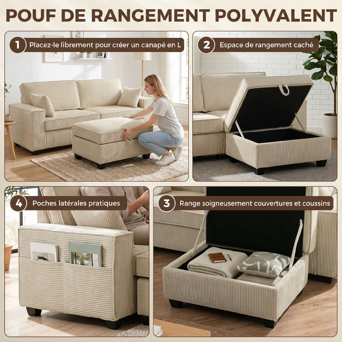 Canapé 3 Places avec Pouf de Rangement, Canapé d'Angle en Velours Côtelé, Assise Large, 2 Coussins, Beige