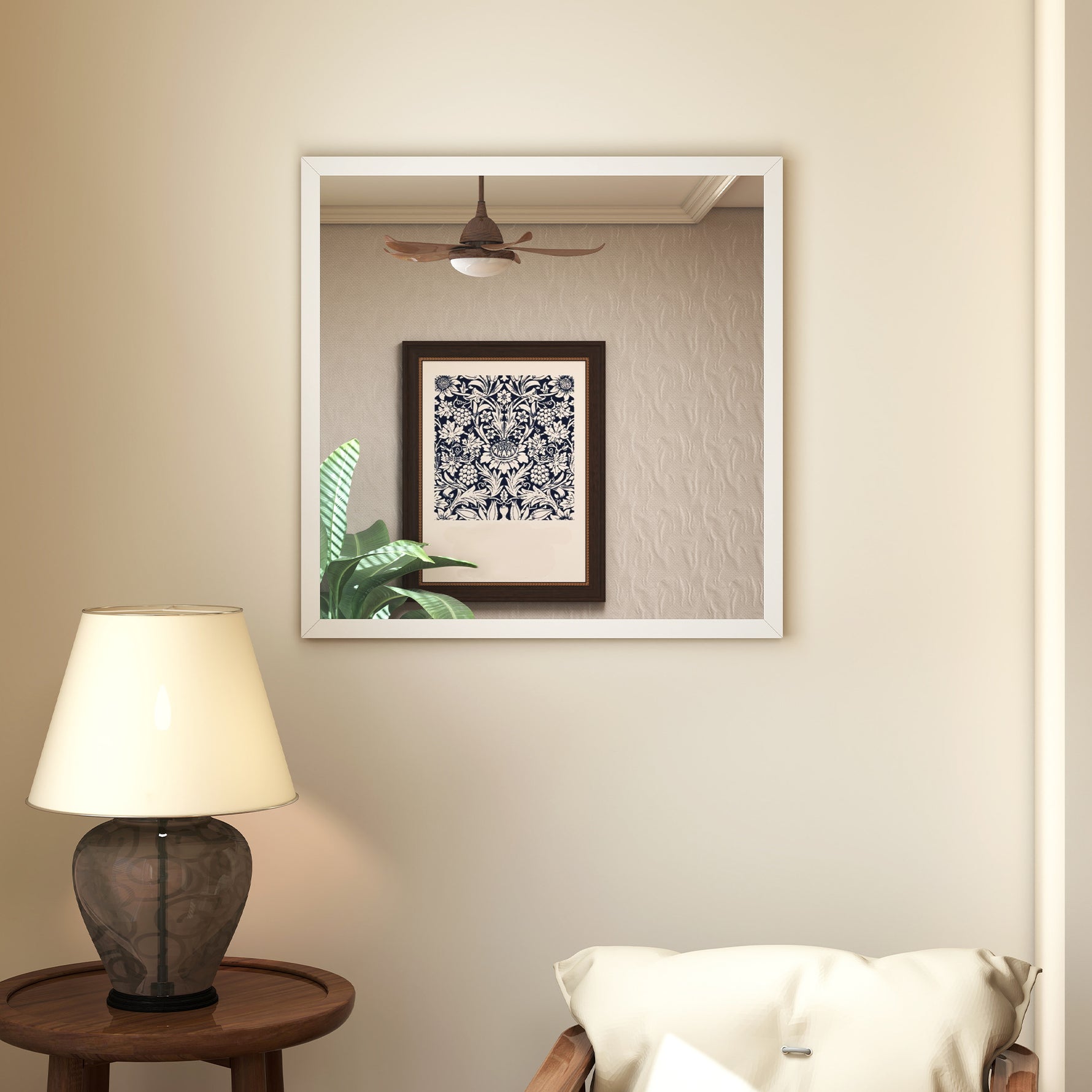 Miroir mural carré 50 x 50 cm, cadre en bois blanc, idéal pour la salle de bain, salon ou chambre