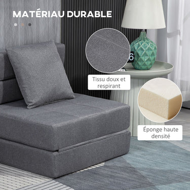 Chauffeuse canapé-lit convertible fauteuil 1 place avec 1 coussin déhoussable, tissu gris