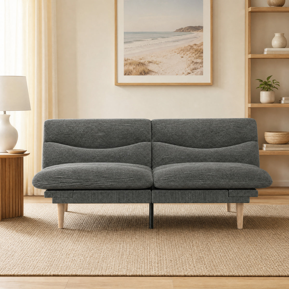 Sofá cama convertible de 2 plazas 3 en 1, sofá cama tipo clic-clac de pana de 193 cm, respaldo y reposabrazos ajustables, gris