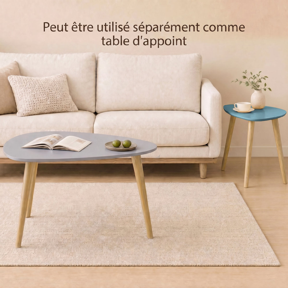 Set di 2 tavolini da salotto nidificanti design scandinavo, gambe in legno e piano in legno, bianco e blu