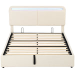 Lit Coffre 140 x 190 cm, LED RGB, Tête Réglable, Cadre de Lit Double Rembourré Velours, Rangement Hydraulique, Crème