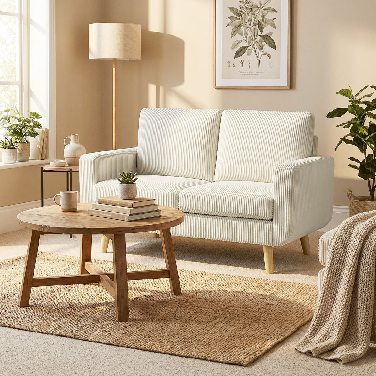 Canapé 2 places en velours côtelé, canapé de salon moderne 134 cm, assise rembourrée, coussin à ressorts, crème