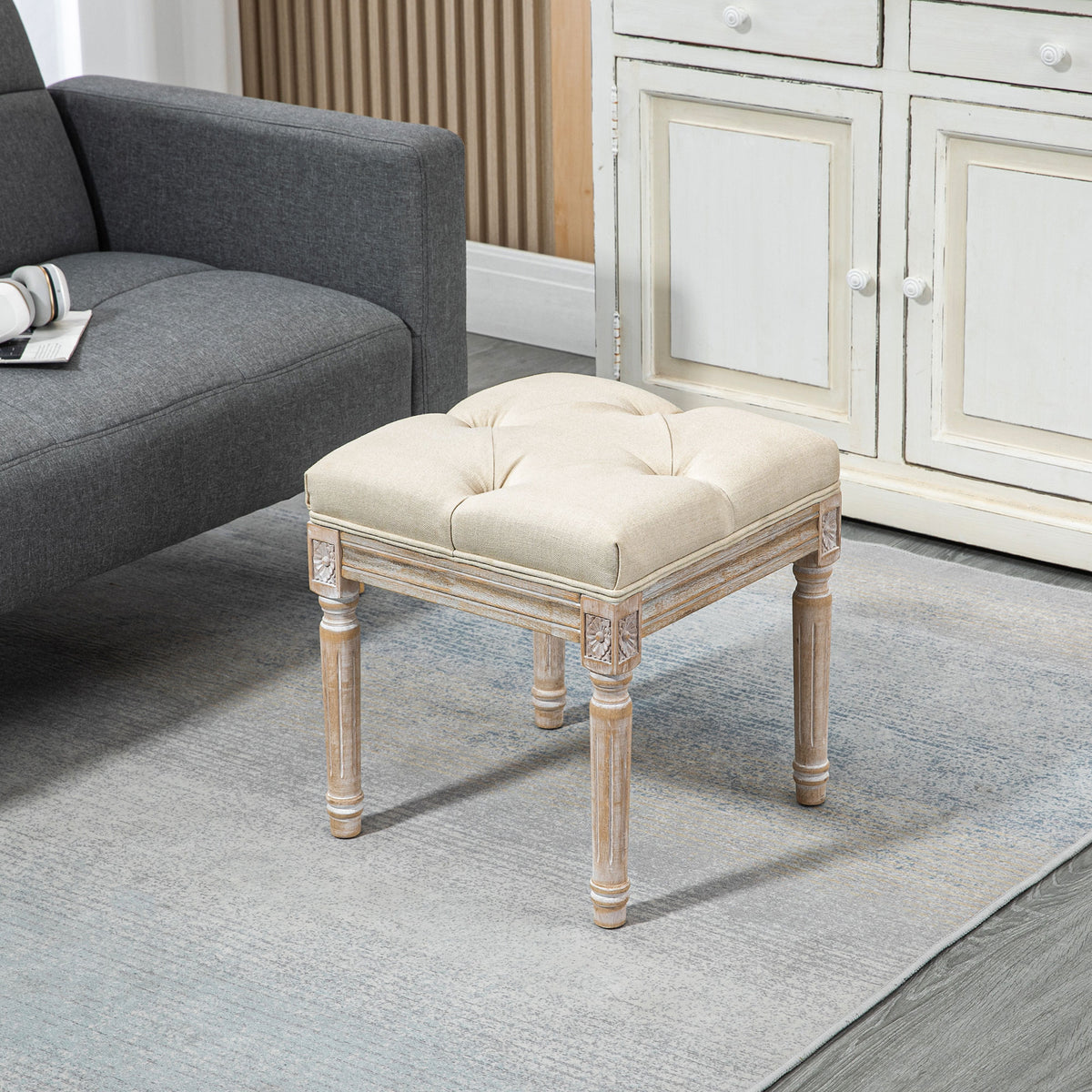 Repose pied salon, ottoman, siège rembourré en tissu aspect lin avec pieds en bois d'hévéa, 40 x 40 x 43 cm, beige